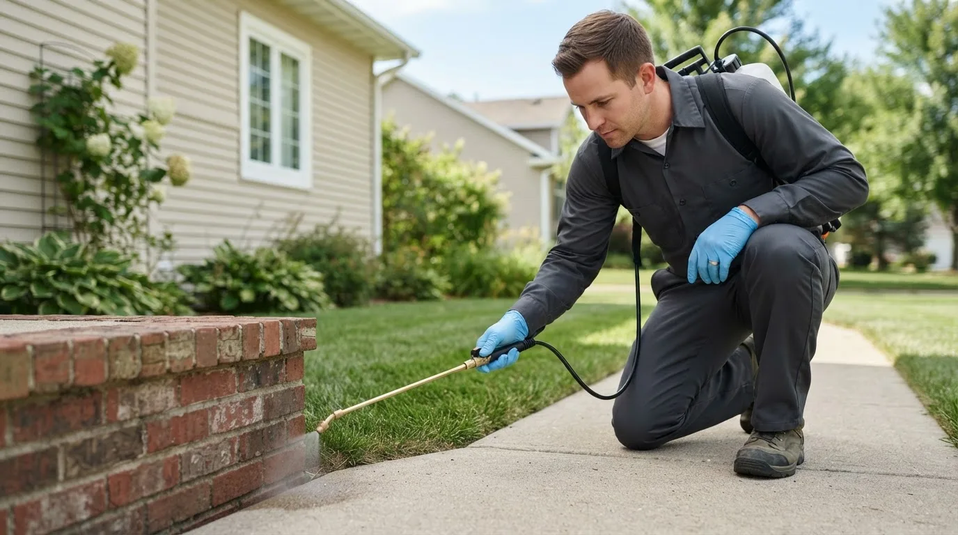 Pest control technician treating a home near Lenorah, TX